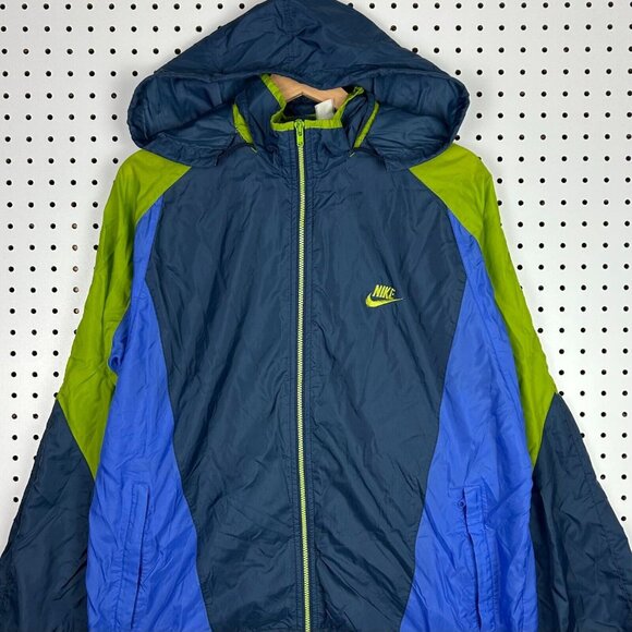 Vtg Nike Windbreaker Color Block Medium Green Blue‎ Full Zip Swoosh 90s W/ Hood - Picture 1 of 5